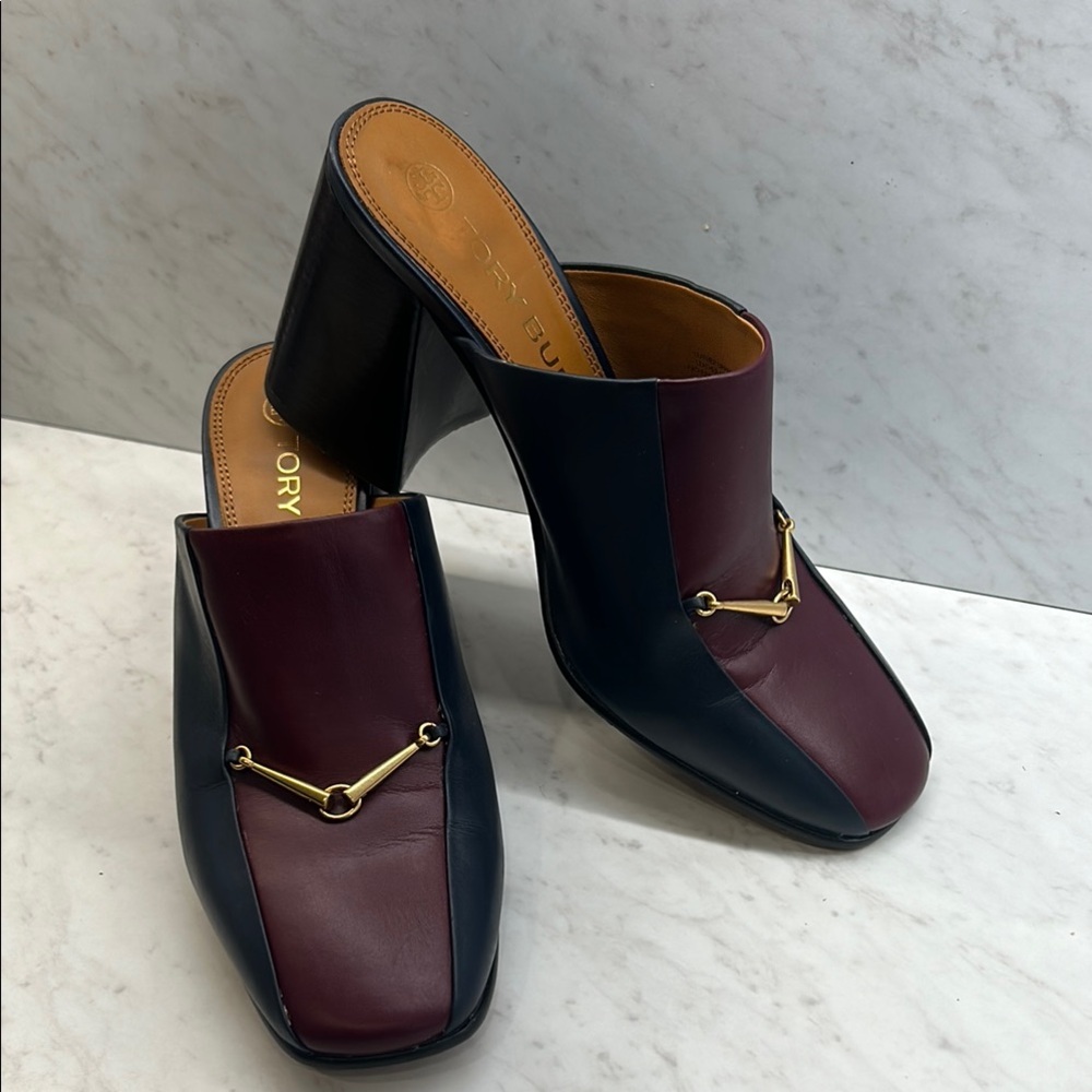 Tory Burch Mule Shoes Burgundy & Blue Women’s Size 8.5 Heel is 3.5” Leather